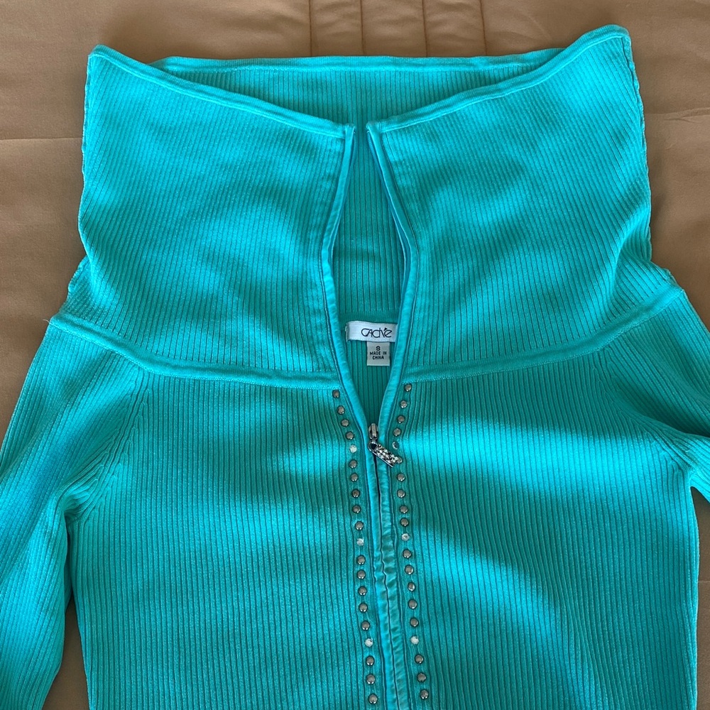 Cache Turquoise Cowl Neck Zip Sweater Size Small